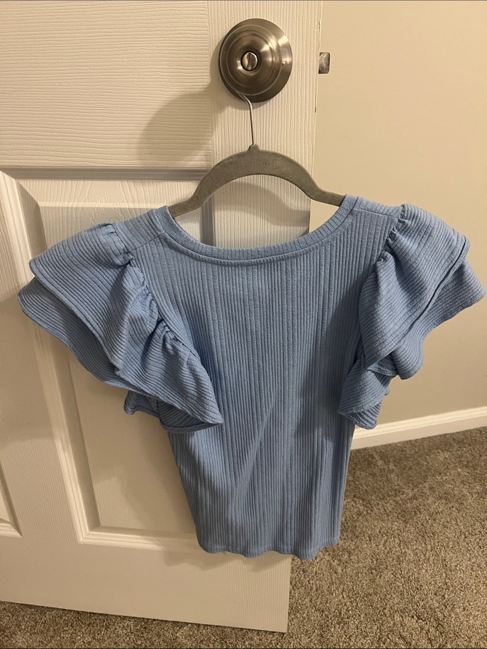 Zara Light Blue Ribbed Ruffle Sleeve Top - Picture 4 of 4